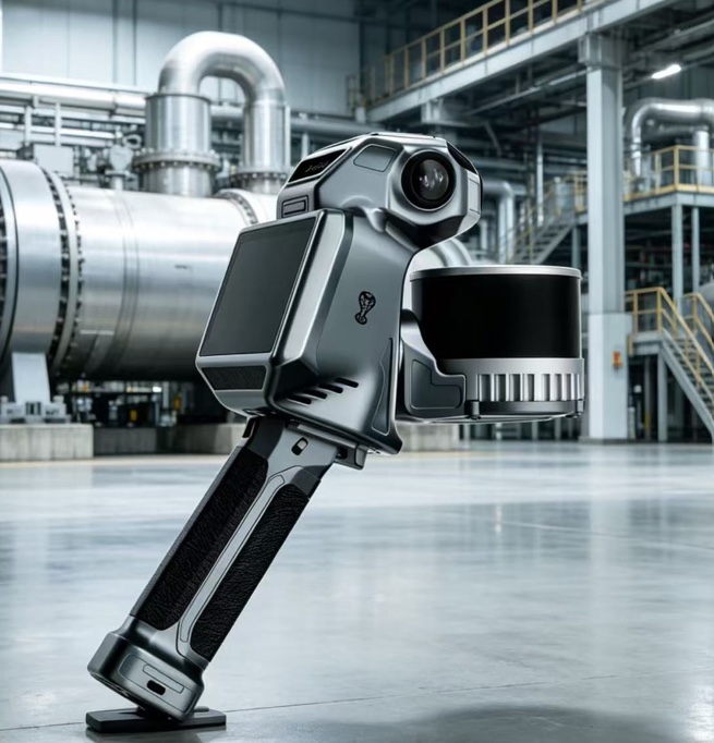 ModeXion Cobra X handheld LiDAR scanner displayed in an industrial facility