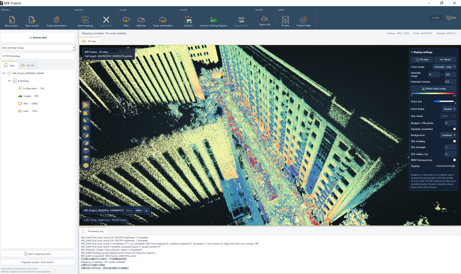 MX-Fusion software displaying a colorized building point cloud with processing and export controls