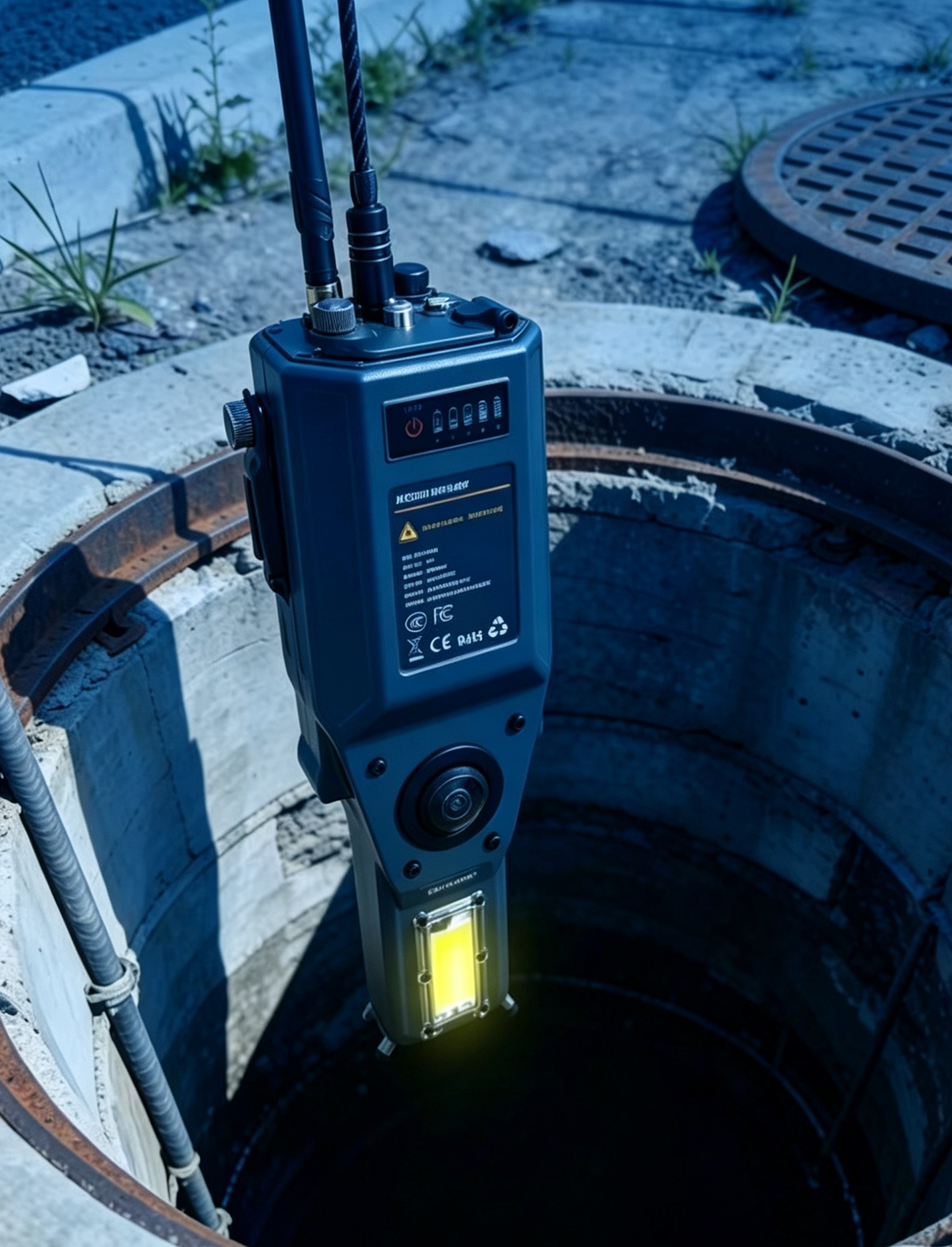ModeXion MX-100 inspection scanner lowered into an open manhole from ground level