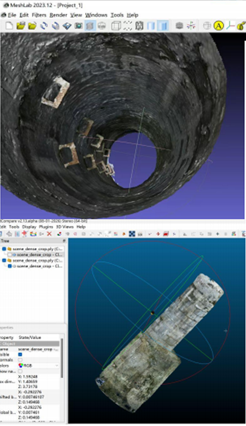 3D mesh model of a manhole interior shown in reconstruction software