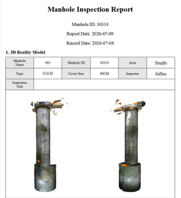 Manhole inspection report with model views and recorded inspection details