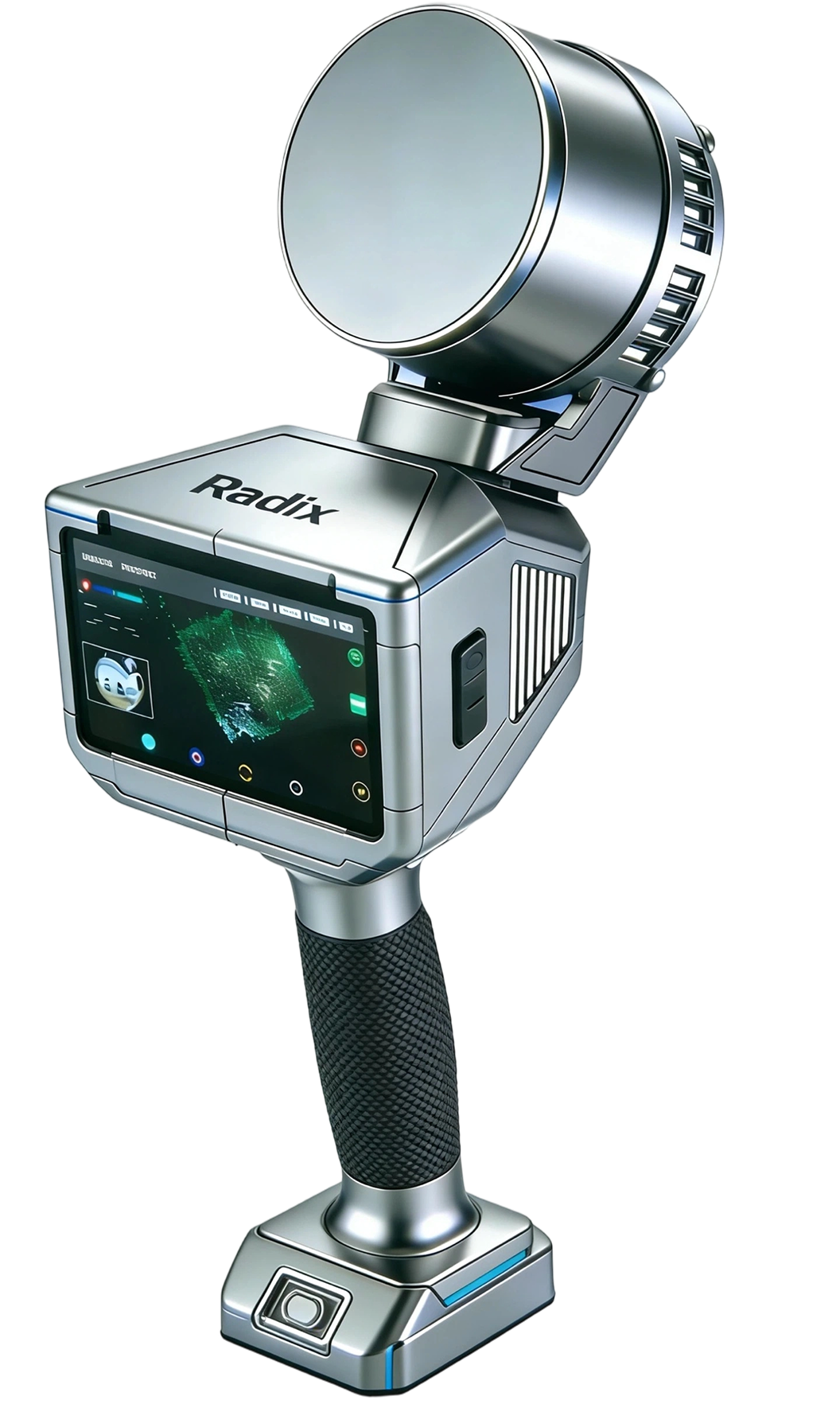 ModeXion Radix handheld SLAM scanner with cylindrical sensor head, integrated display, and grip