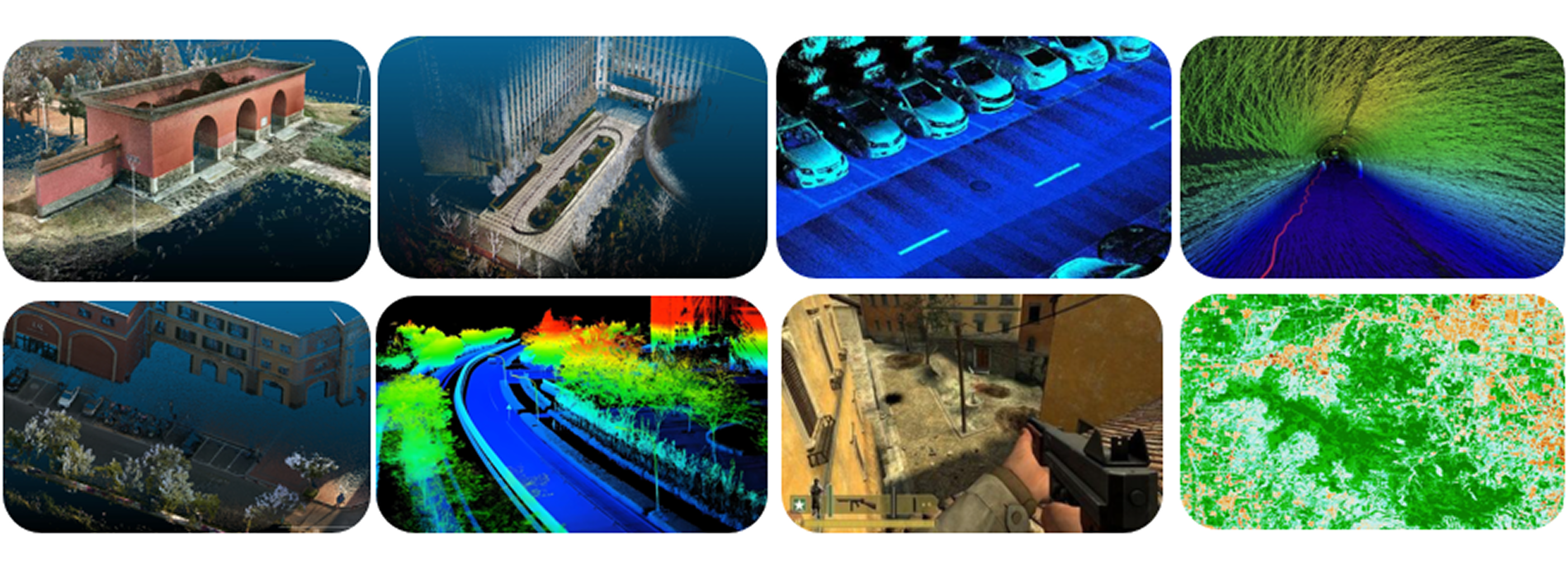 Examples of LiDAR point-cloud capture across buildings, roads, parking areas, and tunnels
