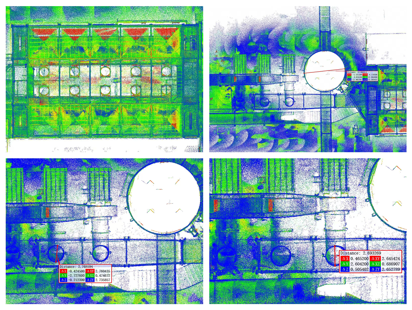Point-cloud views of industrial equipment and structures with measurement annotations
