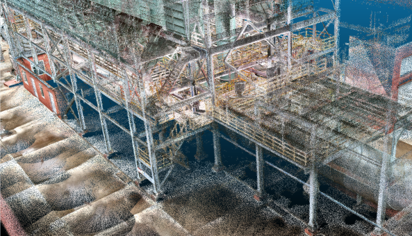Colorized point cloud of industrial steel frameworks and pipe routes