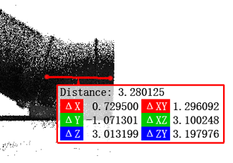 Point-cloud detail with a clearance measurement near a pipe support