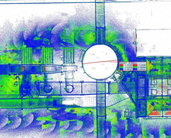 Point-cloud view with a diameter measurement across an industrial pipe