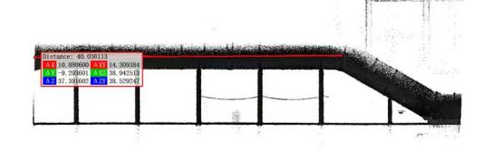 Point-cloud side view with measurements along an elevated pipe route