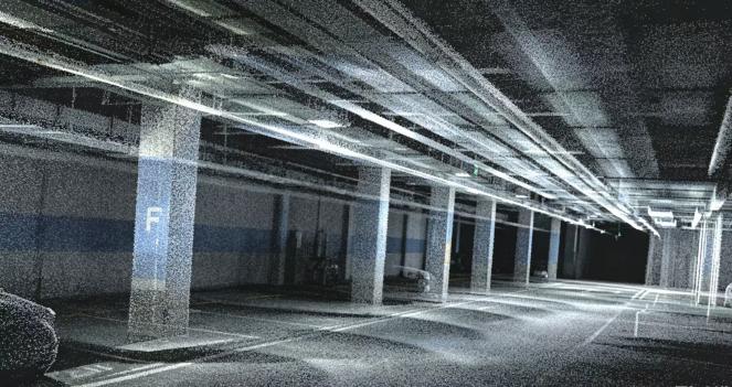 3D reconstruction showing garage columns and overhead infrastructure