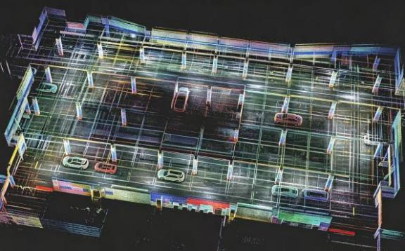Colorized point-cloud model of an underground parking garage